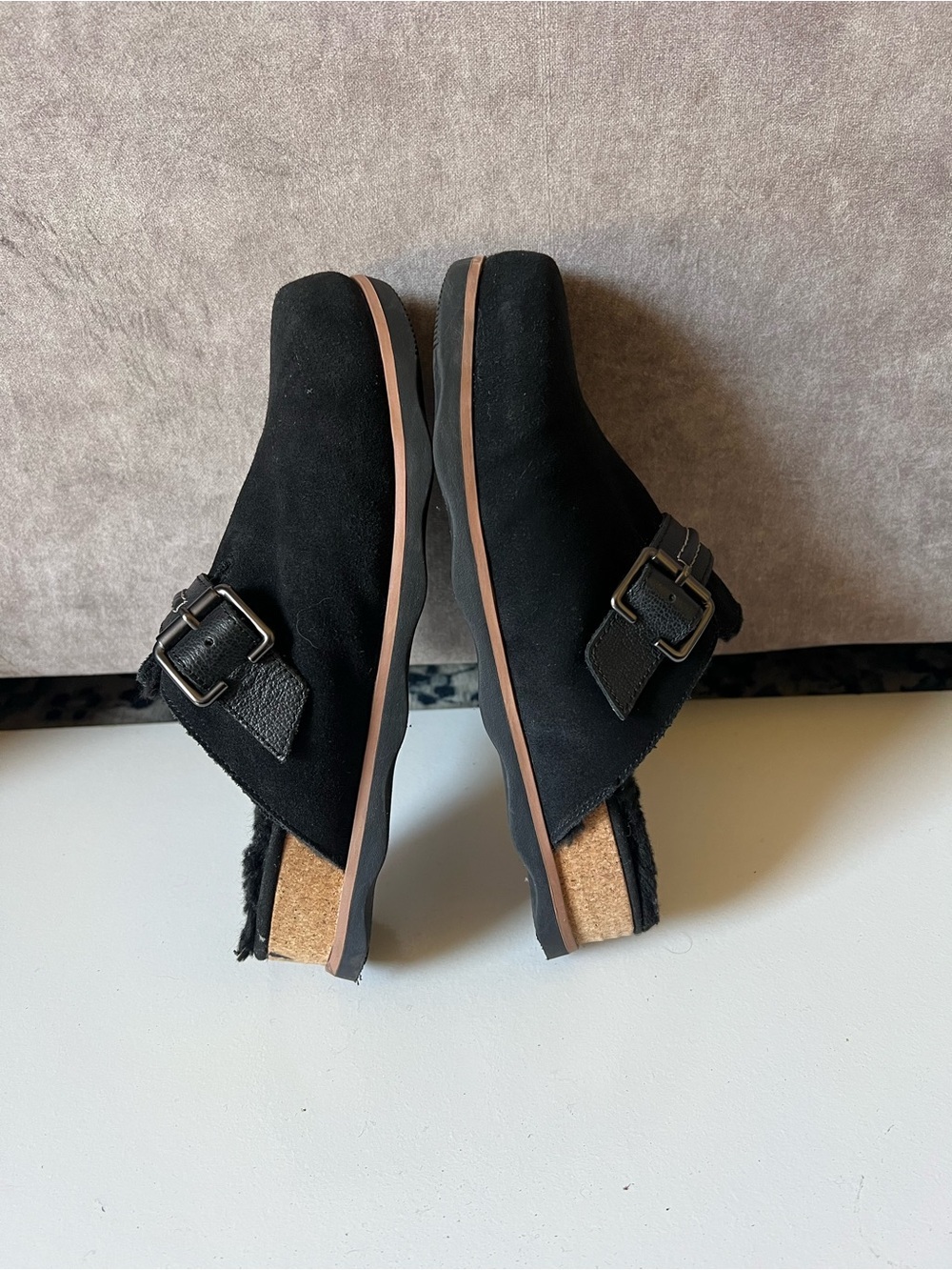 Clarks Black Suede Buckle Backless Clogs